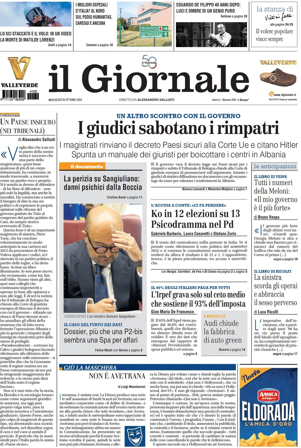 anteprima della prima pagina di il-giornale del 30/10/2024