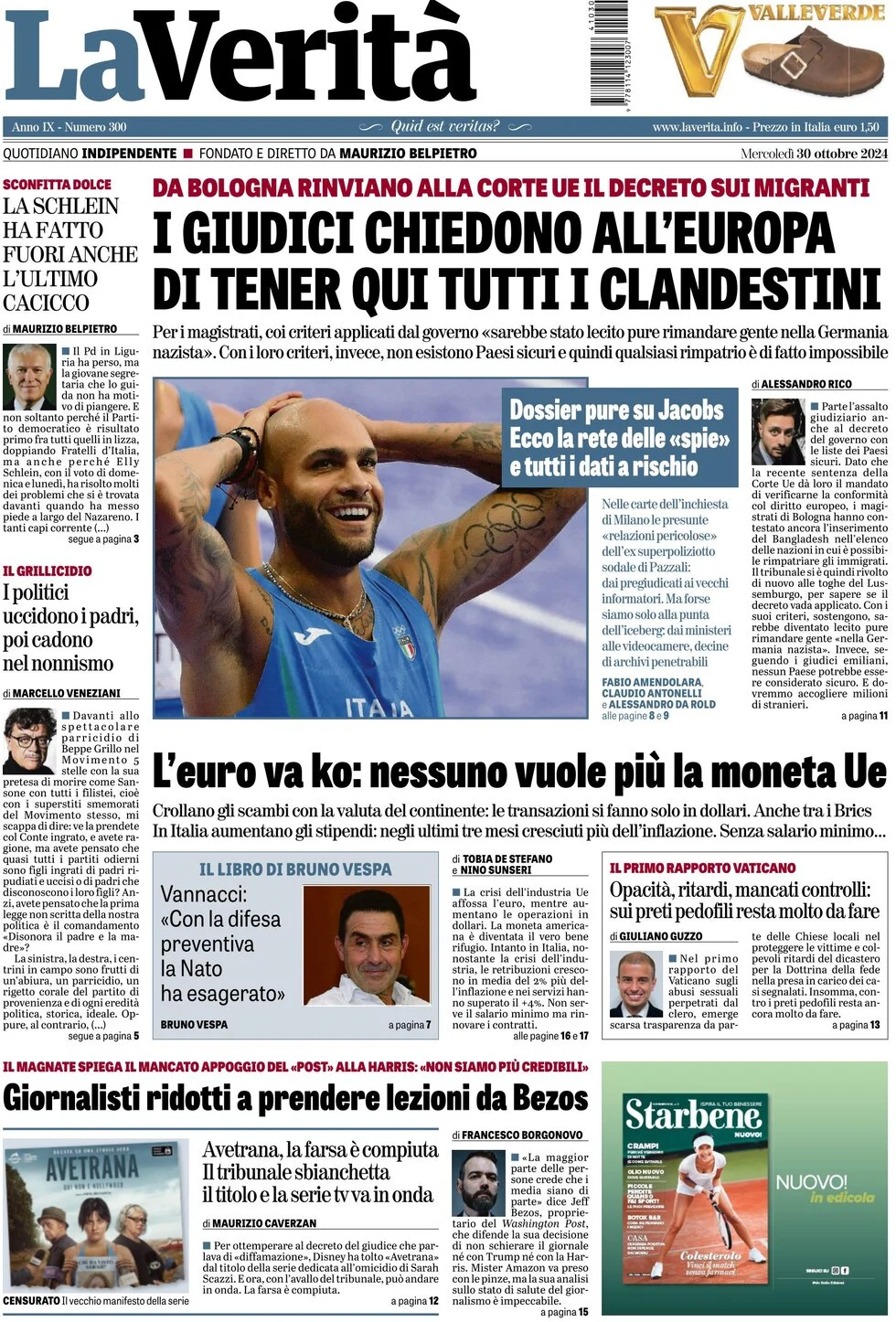anteprima della prima pagina di la-verit del 30/10/2024
