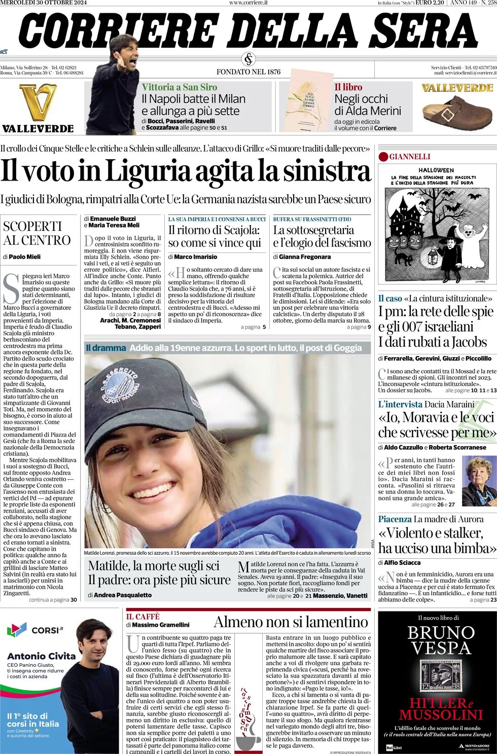 anteprima della prima pagina di corriere-della-sera del 30/10/2024