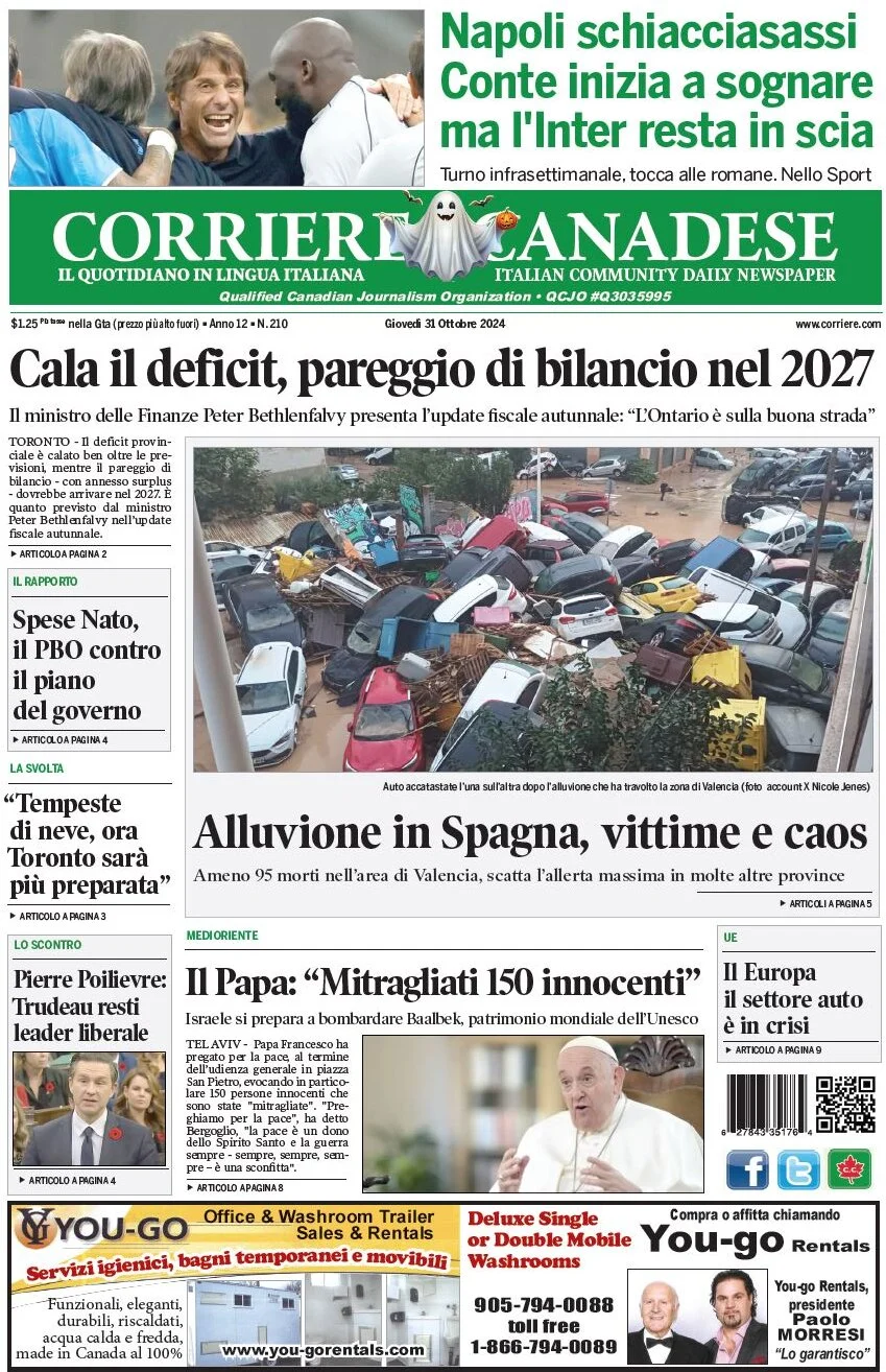 anteprima della prima pagina di corriere-canadese del 31/10/2024
