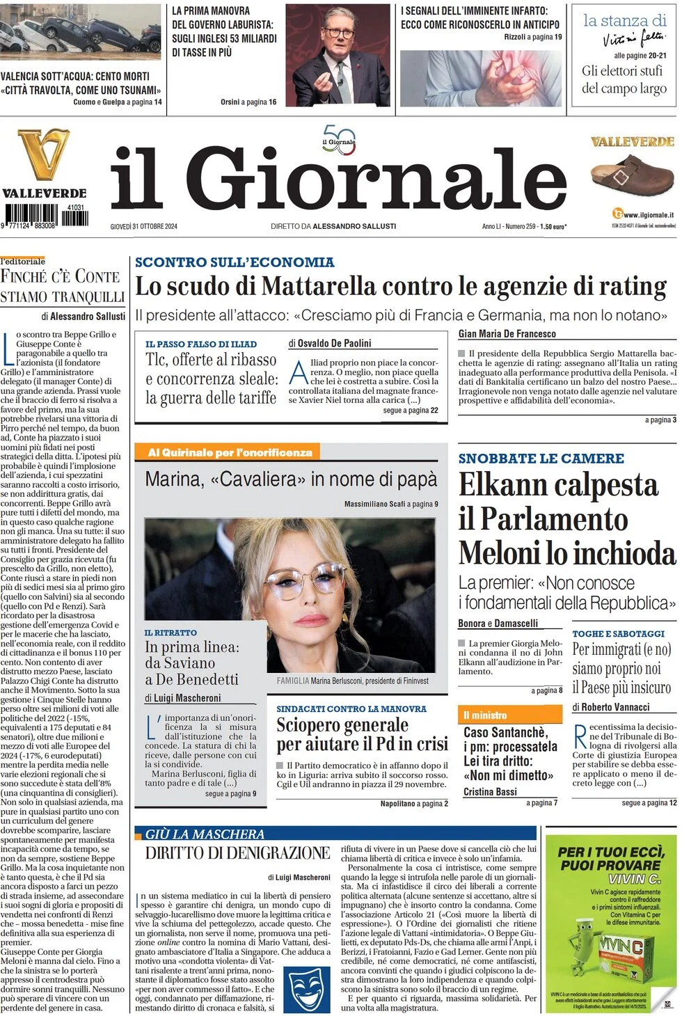 anteprima della prima pagina di il-giornale del 31/10/2024