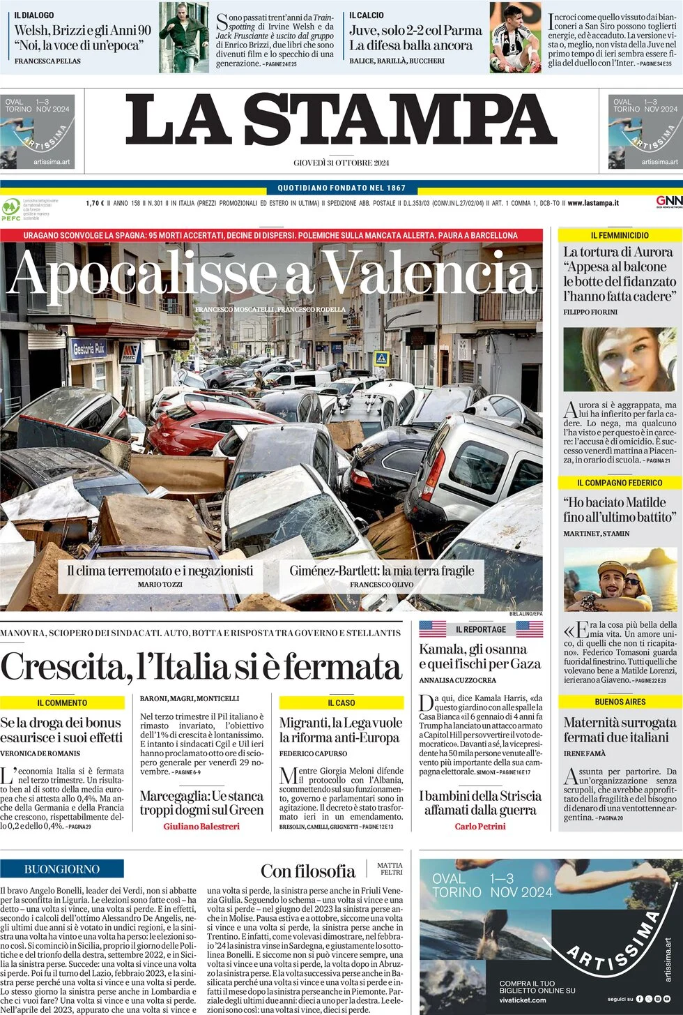 anteprima della prima pagina di la-stampa del 31/10/2024