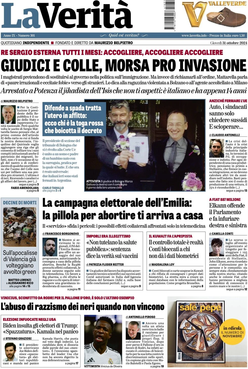 anteprima della prima pagina di la-verit del 31/10/2024