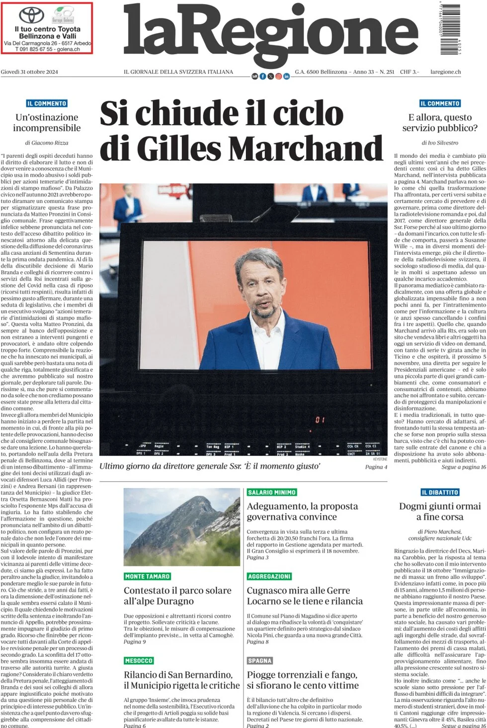 anteprima della prima pagina di la-regione del 31/10/2024