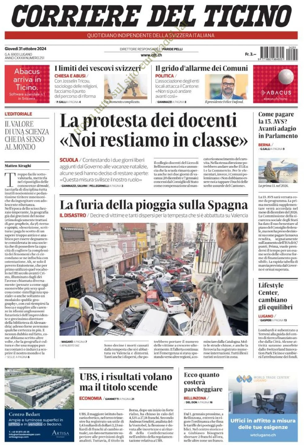 anteprima della prima pagina di corriere-del-ticino del 31/10/2024