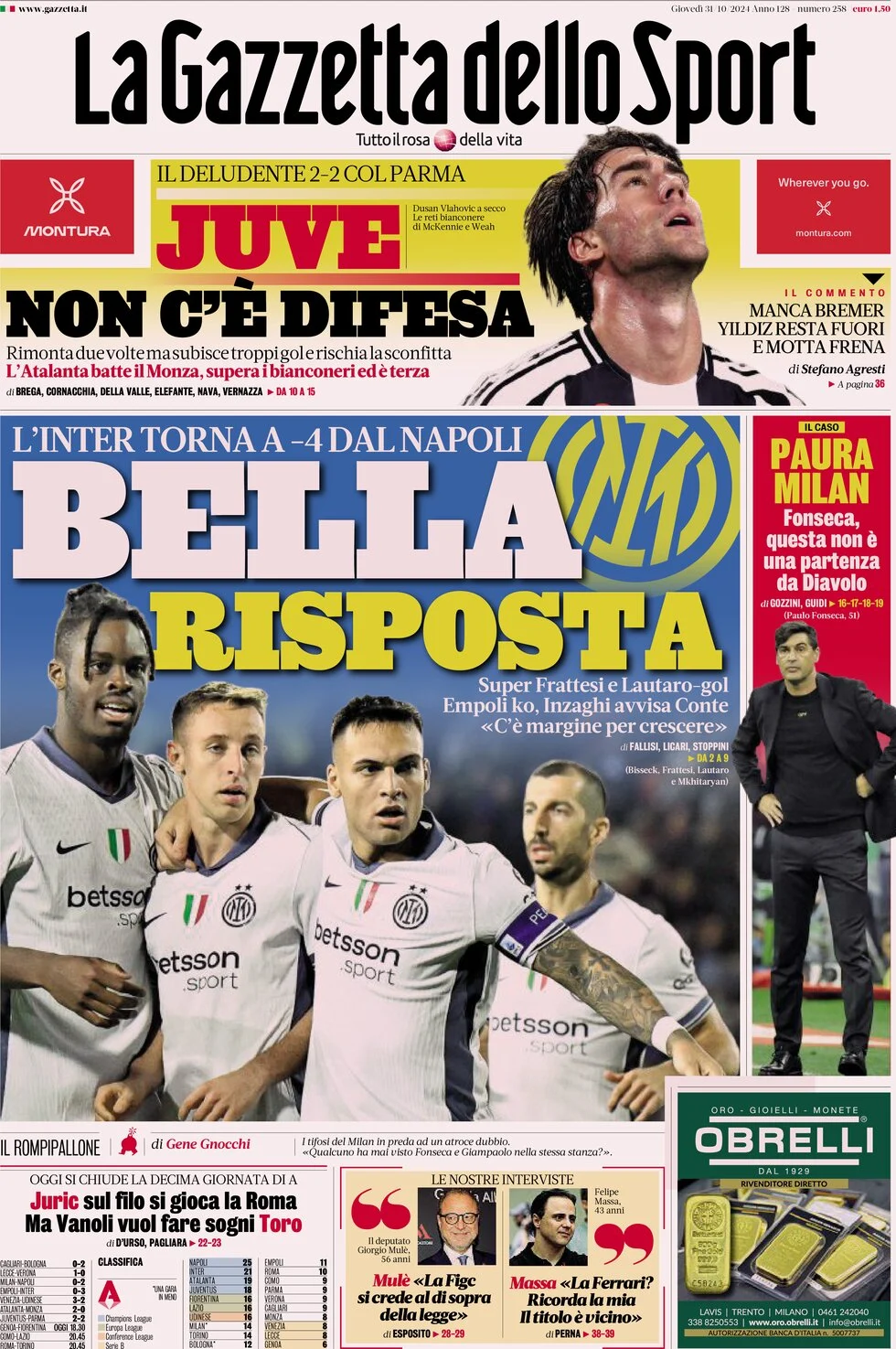 anteprima della prima pagina di la-gazzetta-dello-sport del 31/10/2024