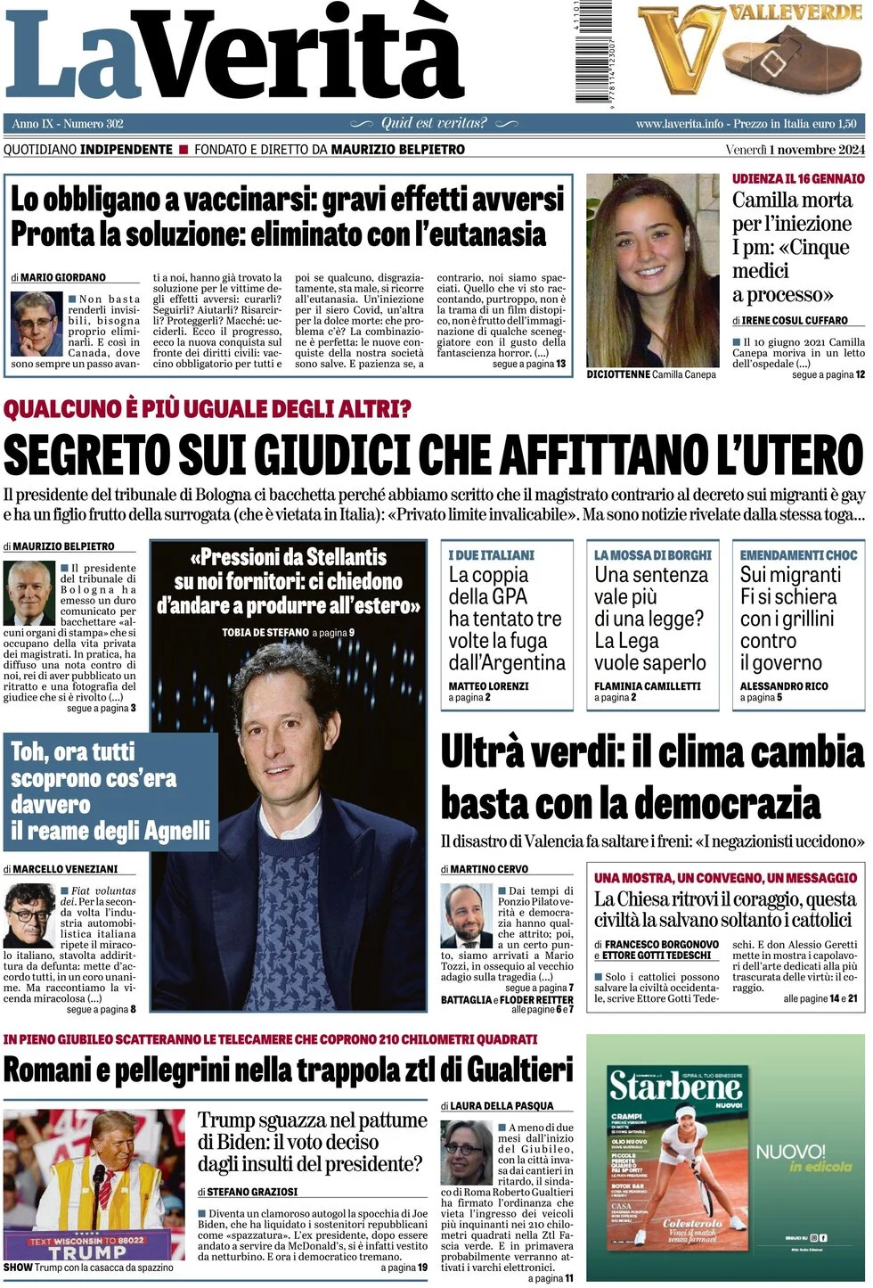 anteprima della prima pagina di la-verit del 01/11/2024