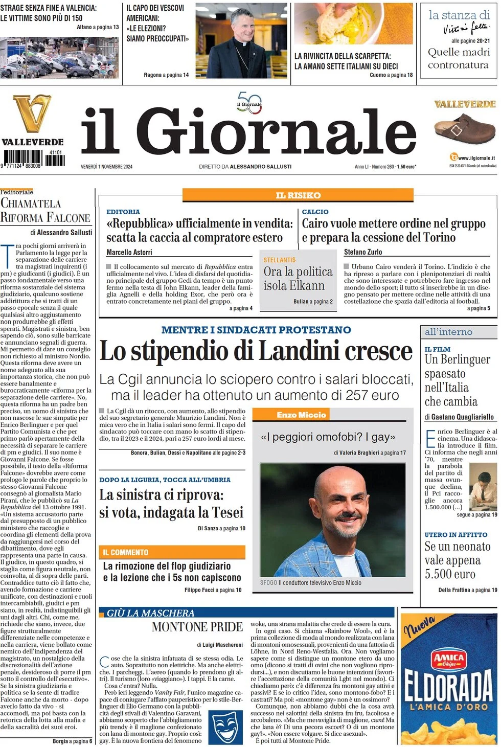 anteprima della prima pagina di il-giornale del 01/11/2024