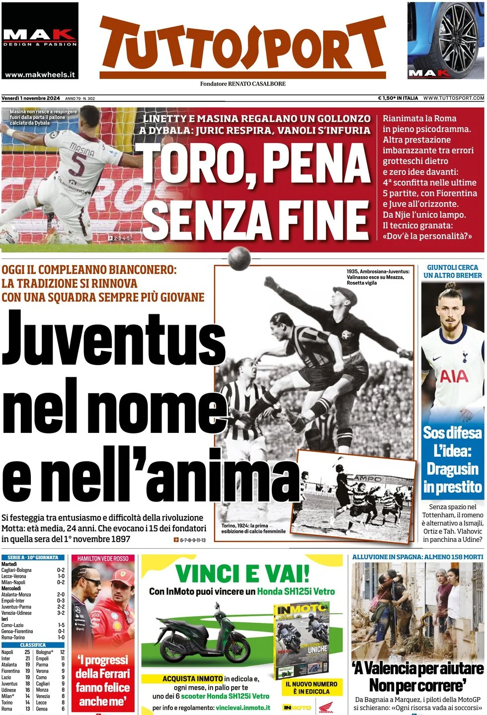 anteprima della prima pagina di tuttosport del 01/11/2024