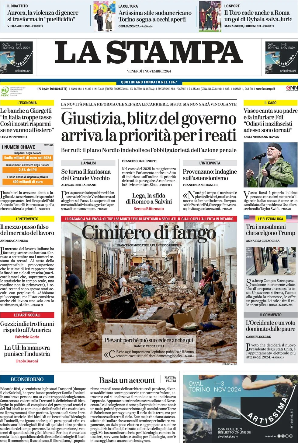 anteprima della prima pagina di la-stampa del 01/11/2024