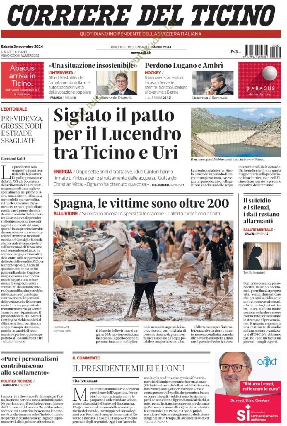 anteprima della prima pagina di corriere-del-ticino del 02/11/2024