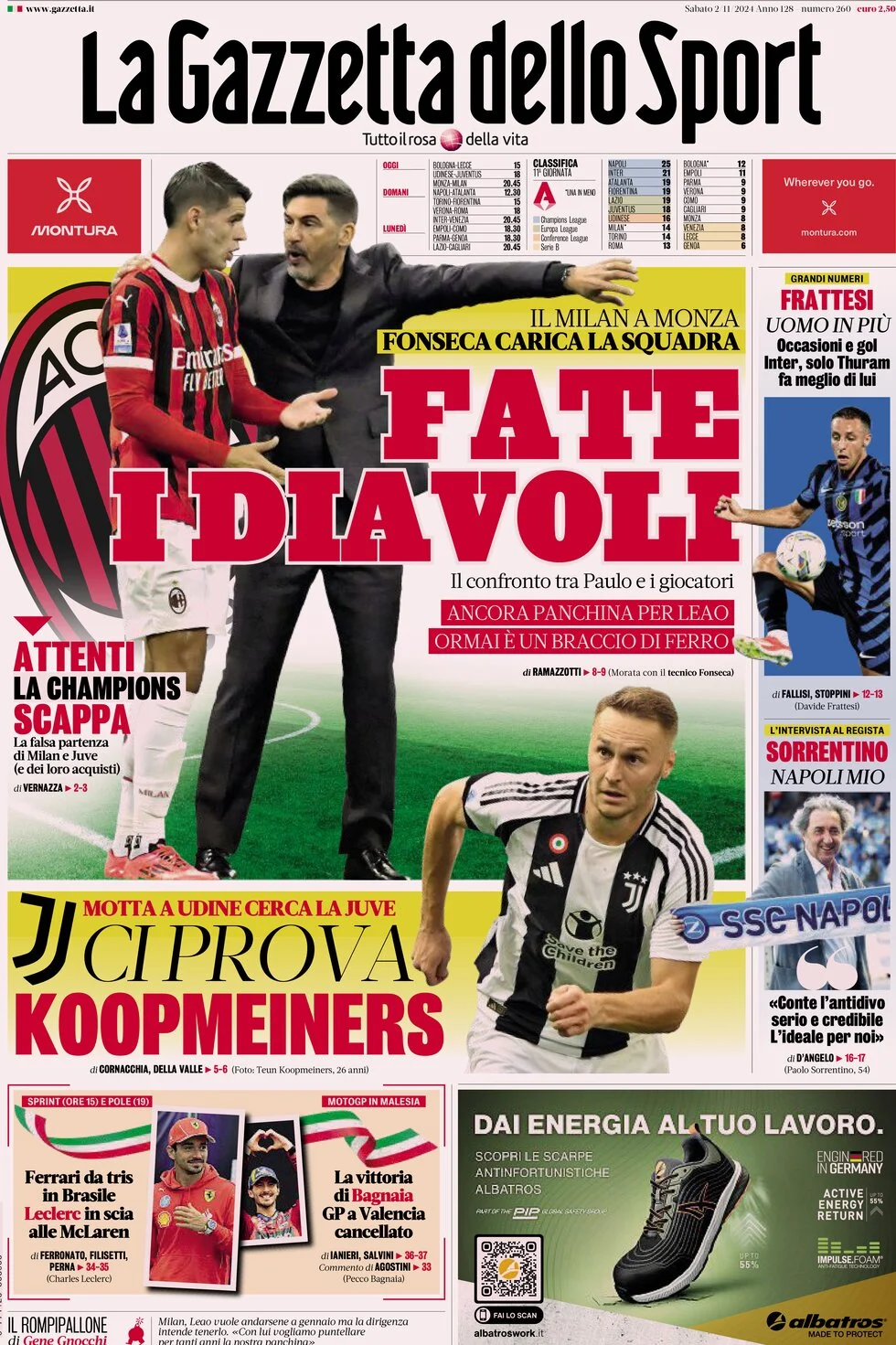 anteprima della prima pagina di la-gazzetta-dello-sport del 02/11/2024