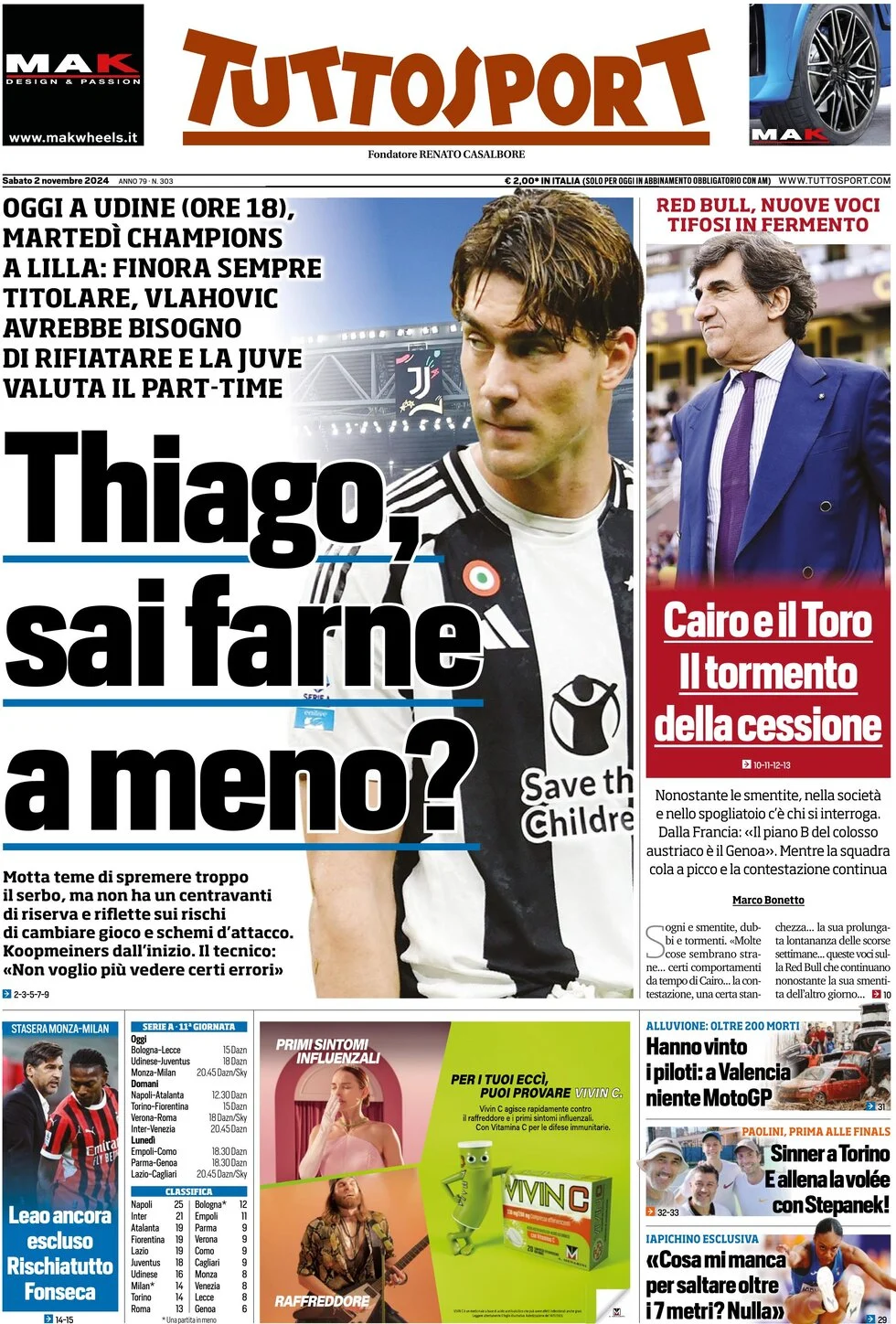 anteprima della prima pagina di tuttosport del 02/11/2024