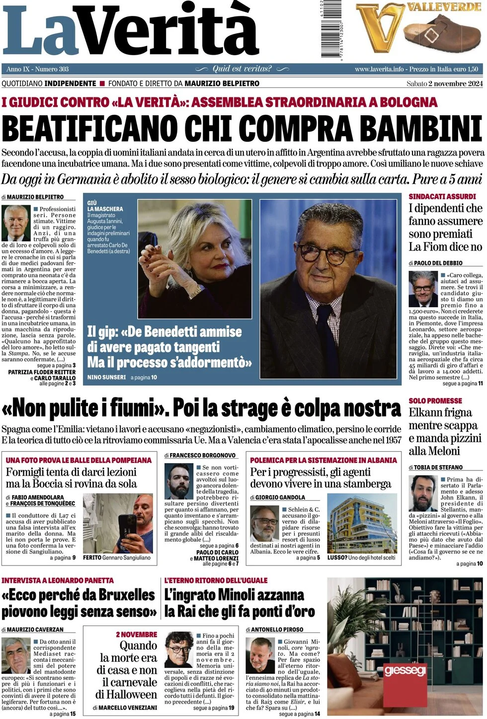 anteprima della prima pagina di la-verit del 02/11/2024