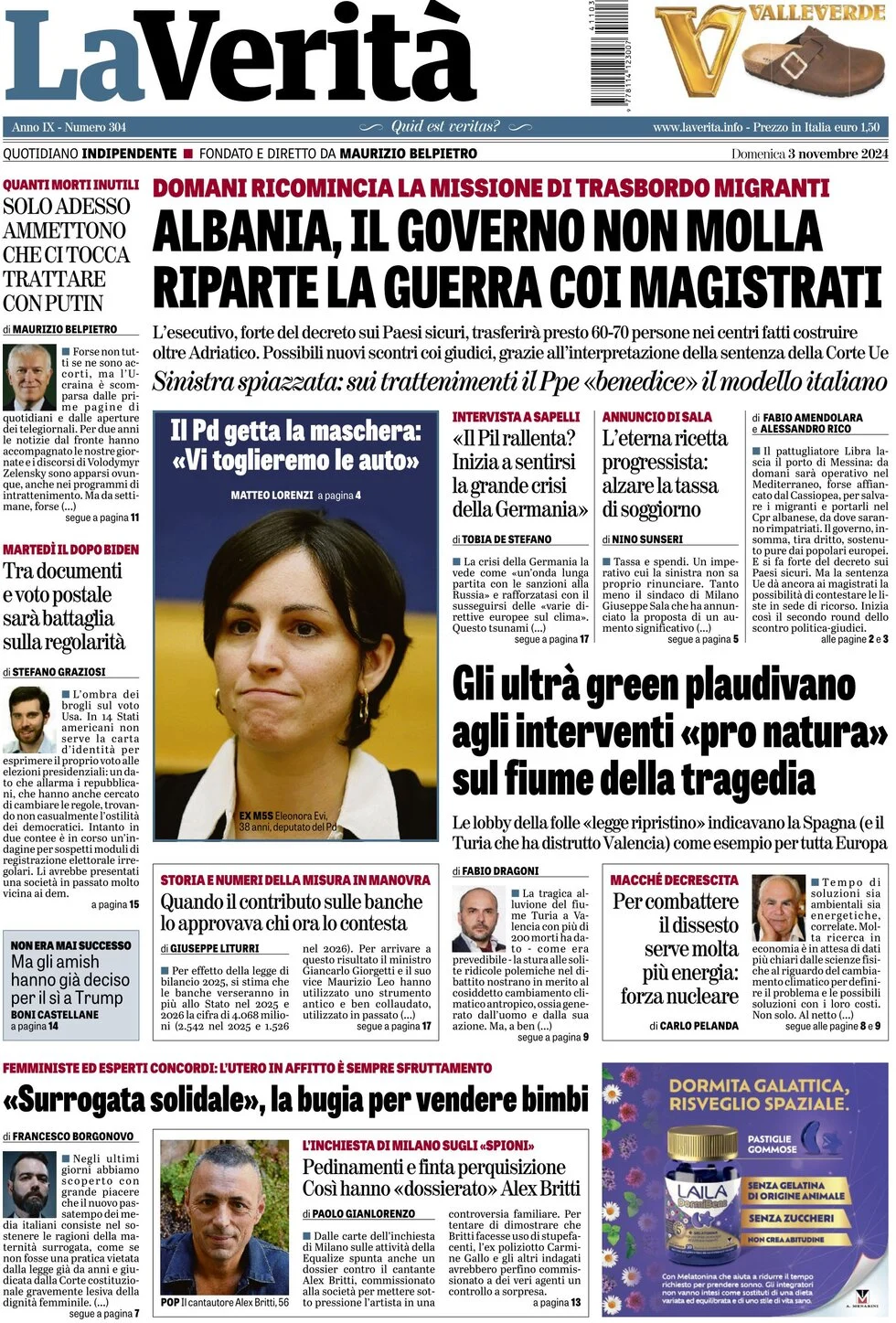 anteprima della prima pagina di la-verit del 03/11/2024