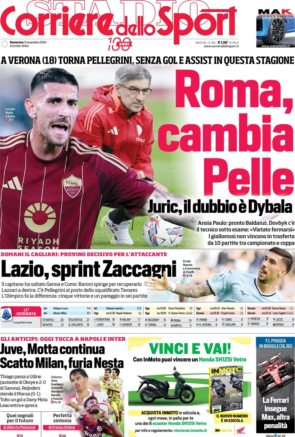 anteprima della prima pagina di corriere-dello-sport del 03/11/2024