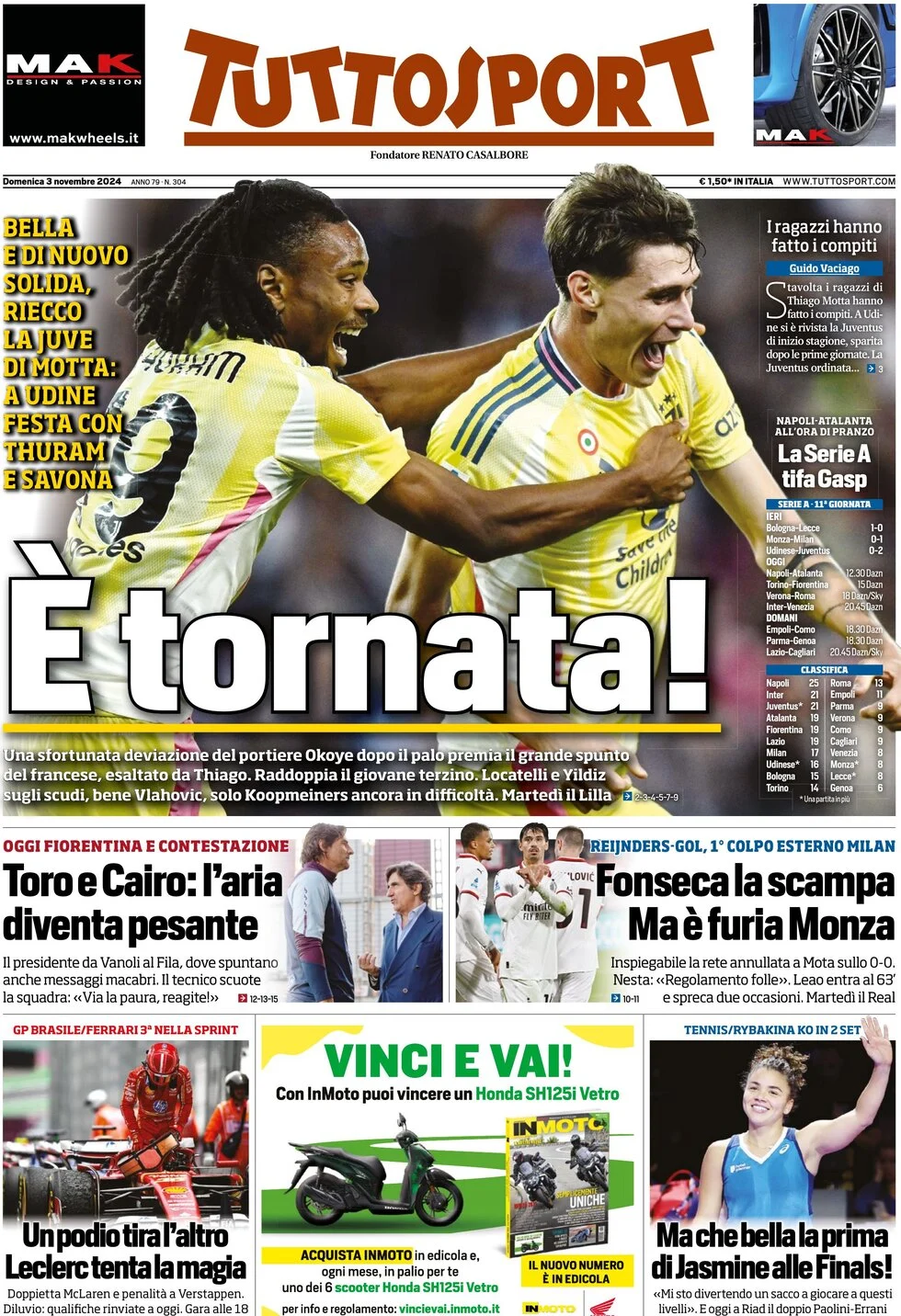 anteprima della prima pagina di tuttosport del 03/11/2024