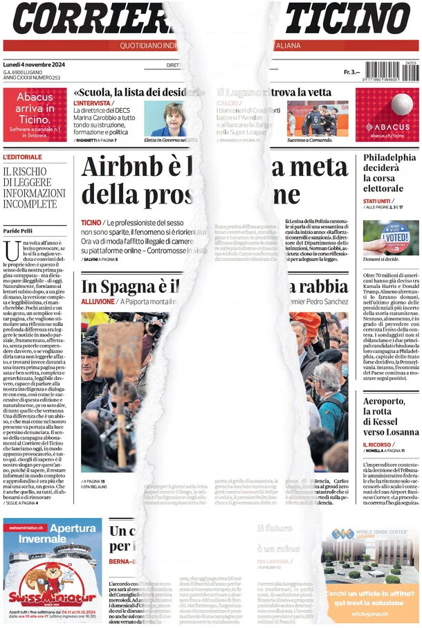anteprima della prima pagina di corriere-del-ticino del 04/11/2024