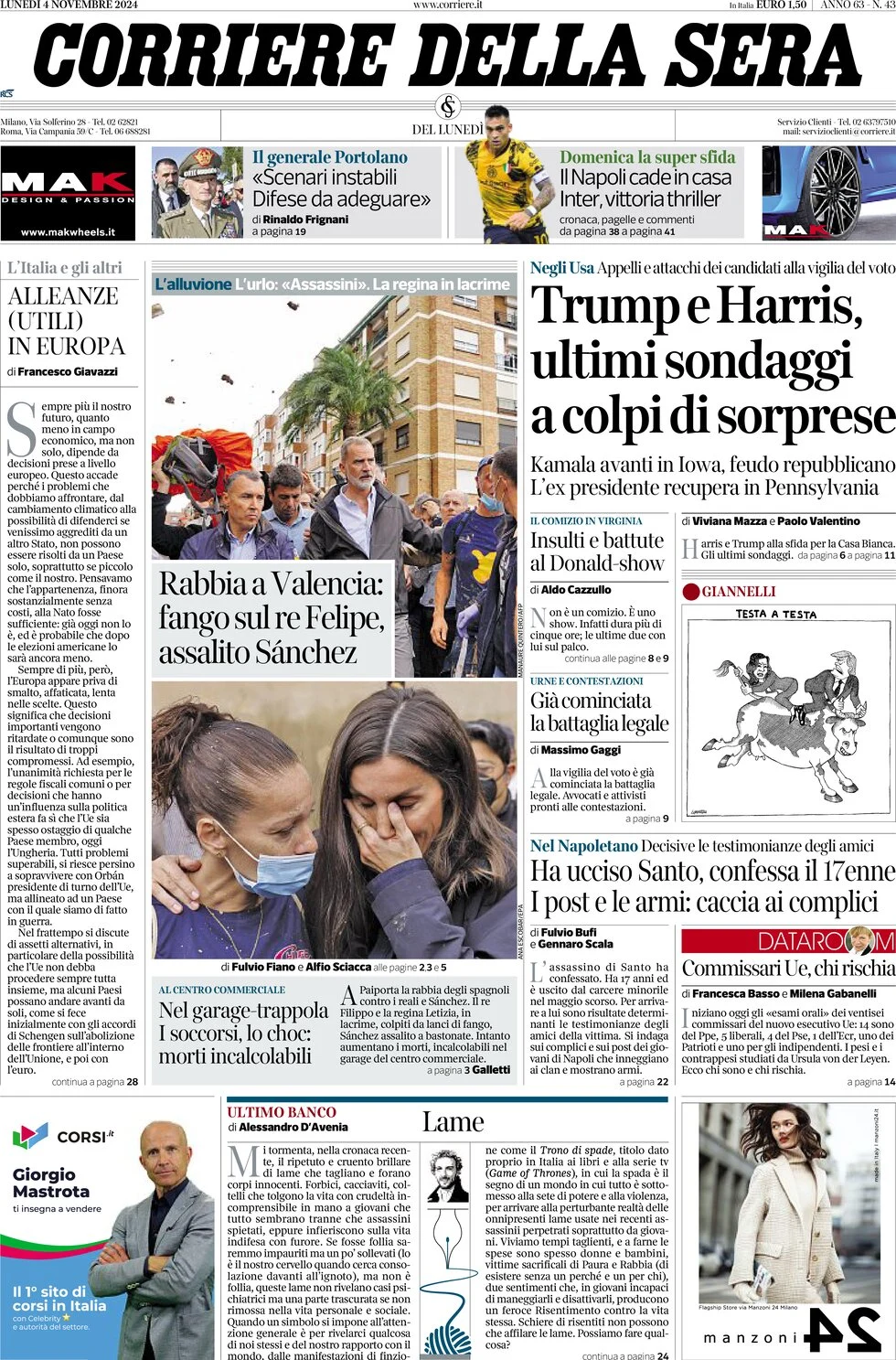 anteprima della prima pagina di corriere-della-sera del 04/11/2024