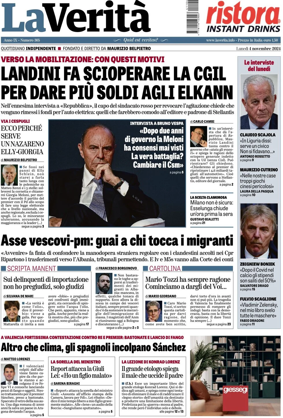 anteprima della prima pagina di la-verit del 04/11/2024