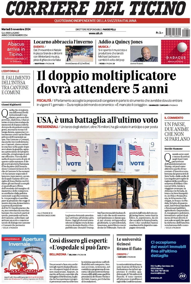 anteprima della prima pagina di corriere-del-ticino del 05/11/2024