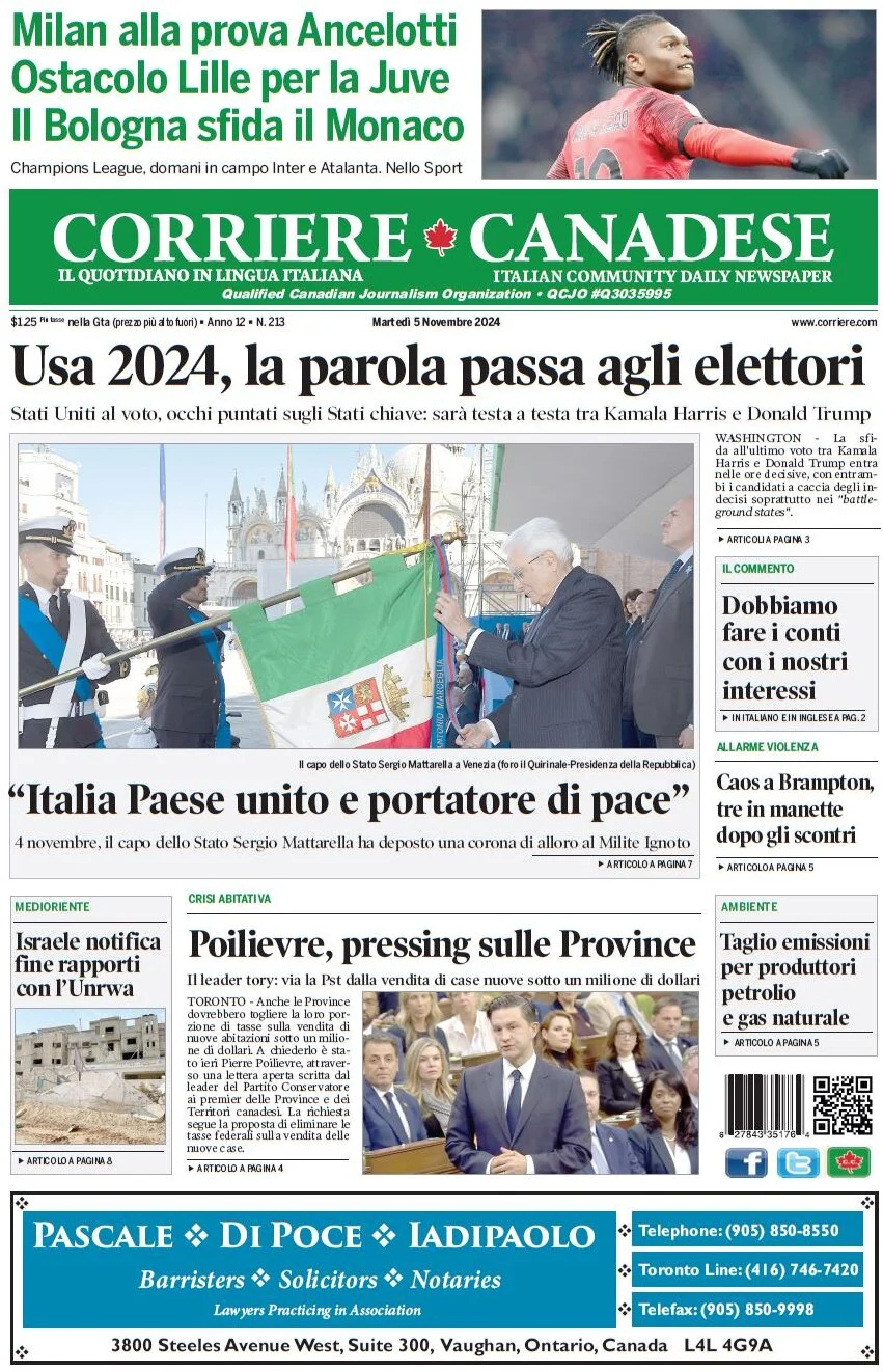 anteprima della prima pagina di corriere-canadese del 05/11/2024