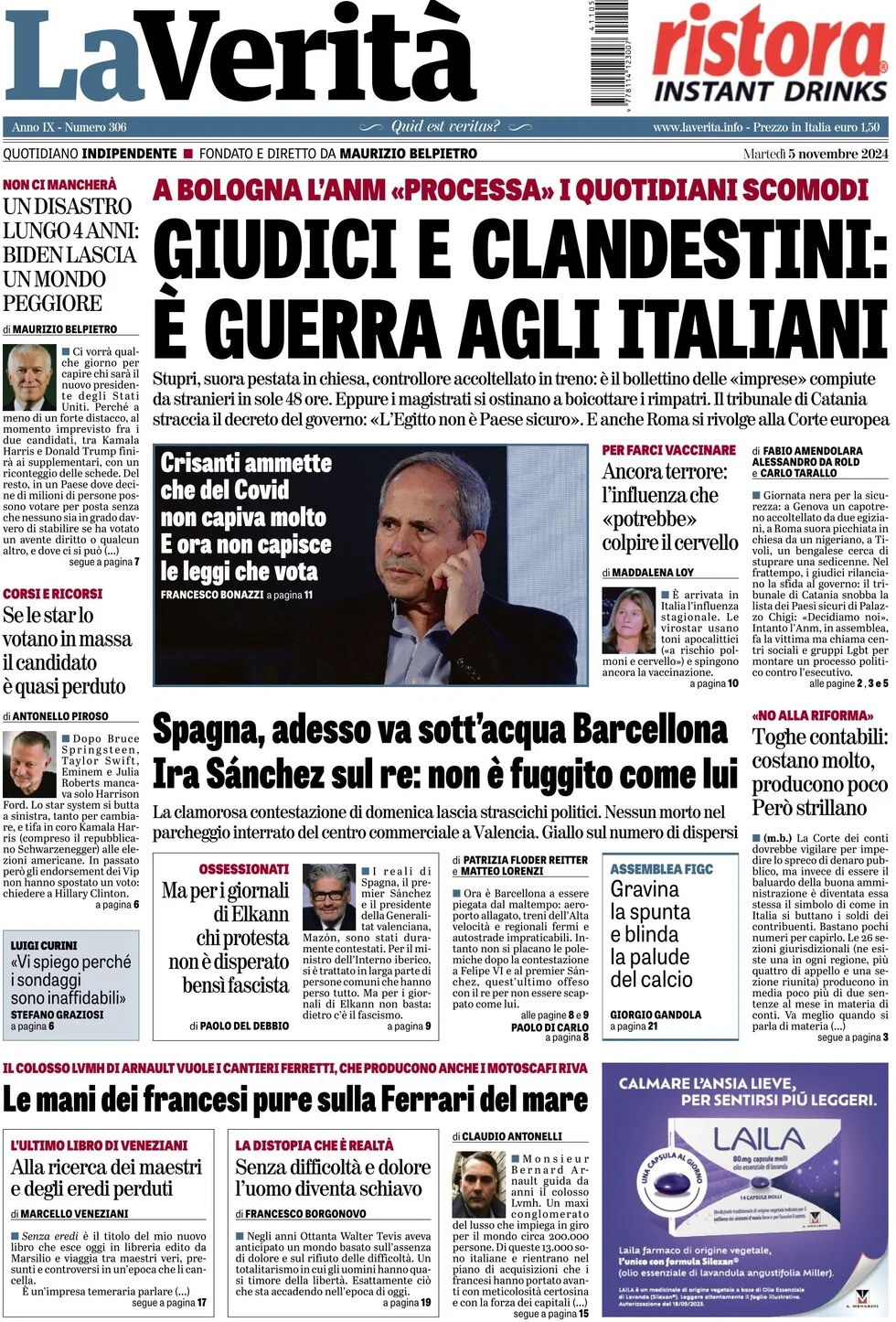 anteprima della prima pagina di la-verit del 05/11/2024