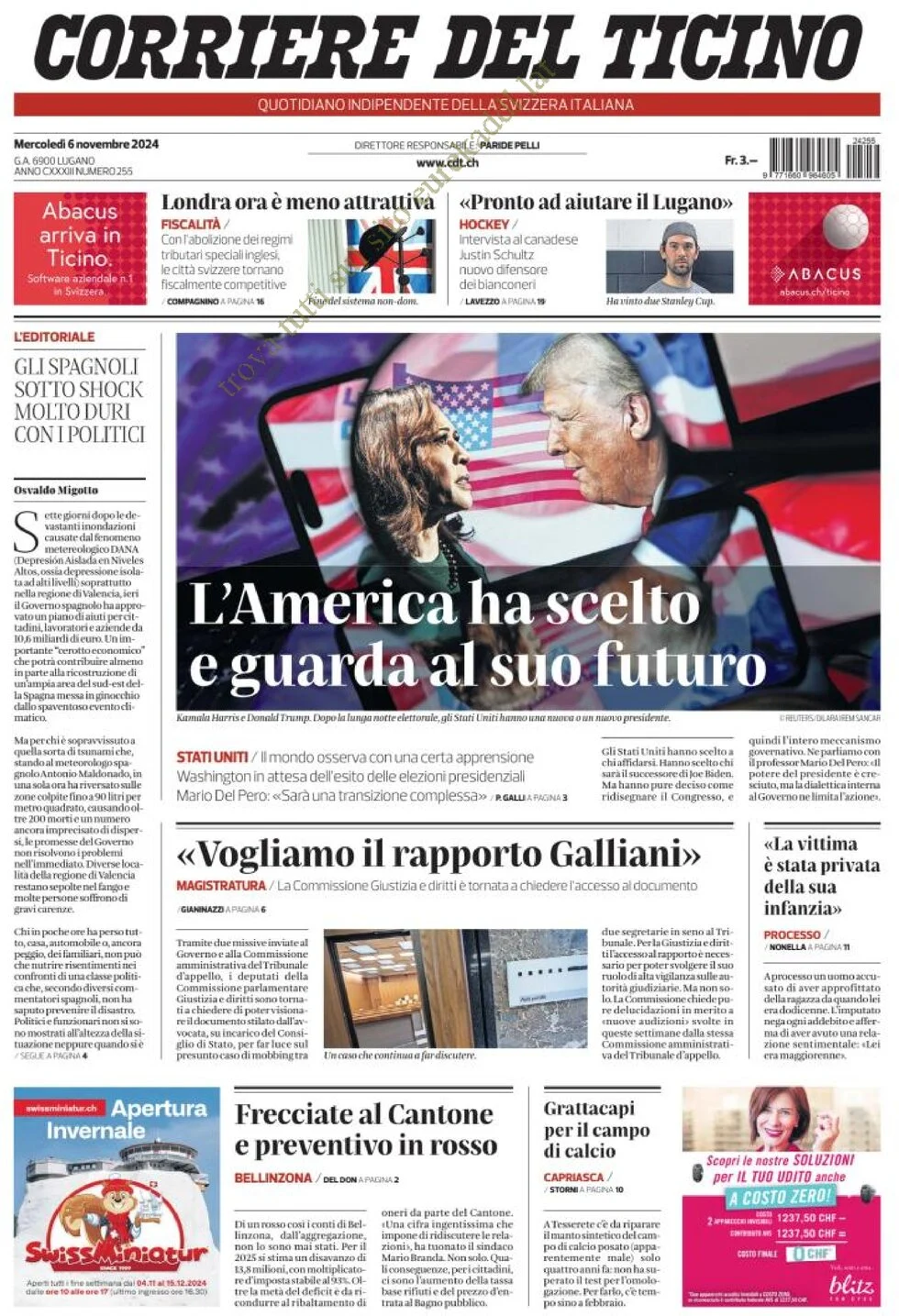 anteprima della prima pagina di corriere-del-ticino del 06/11/2024