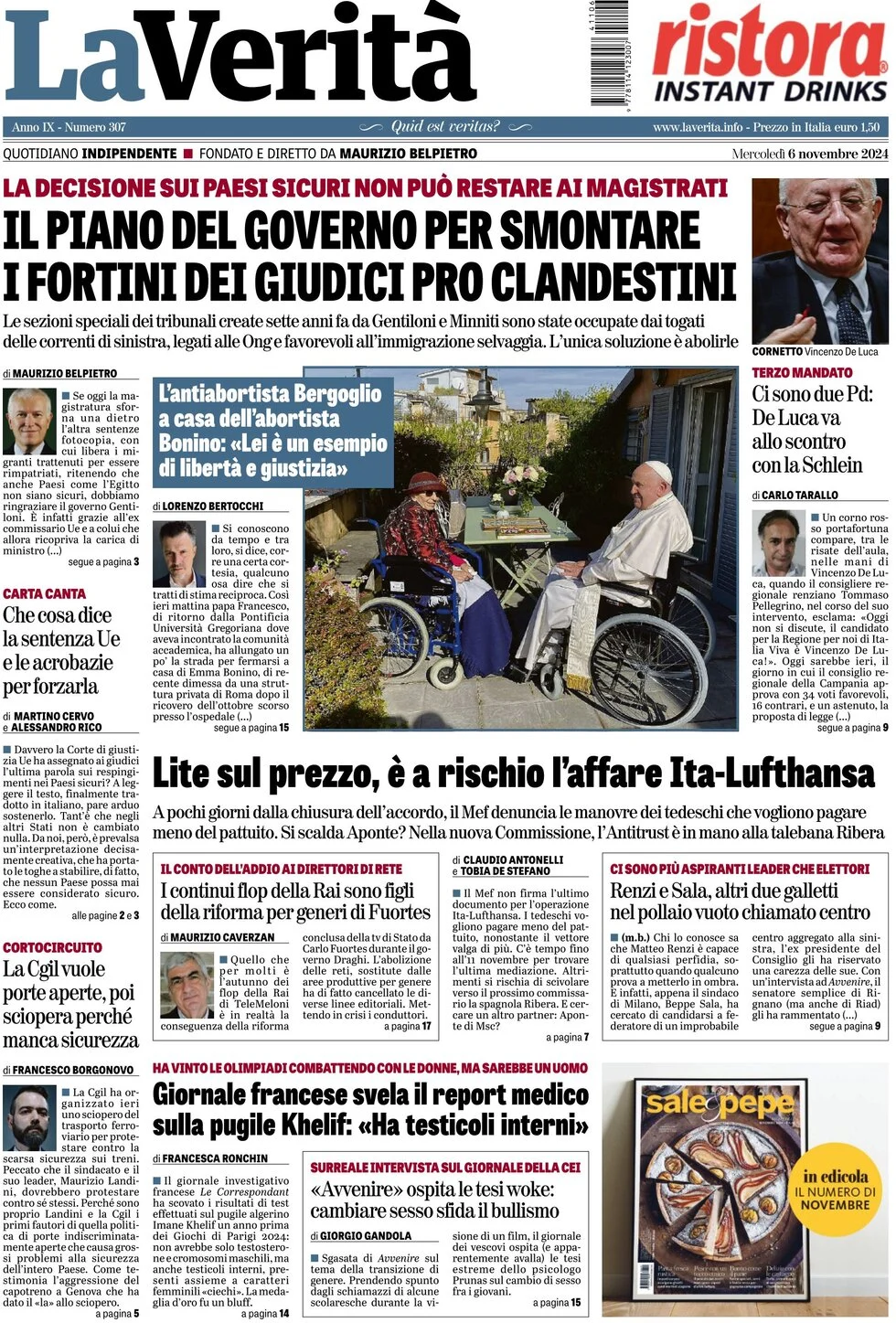 anteprima della prima pagina di la-verit del 06/11/2024