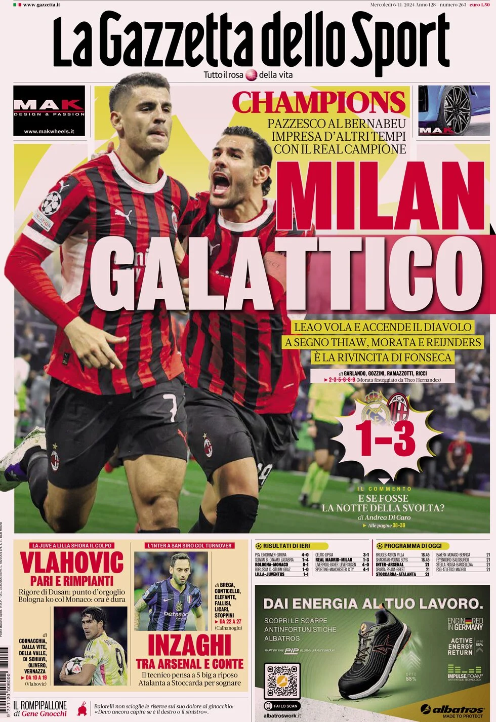 anteprima della prima pagina di la-gazzetta-dello-sport del 06/11/2024