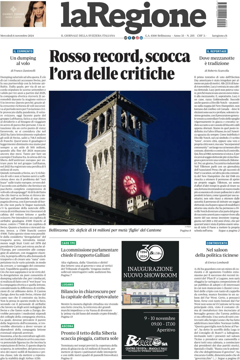 anteprima della prima pagina di la-regione del 06/11/2024