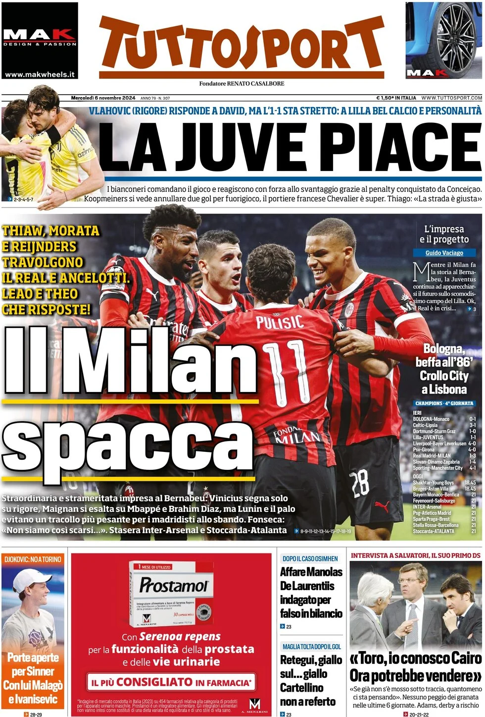 anteprima della prima pagina di tuttosport del 06/11/2024