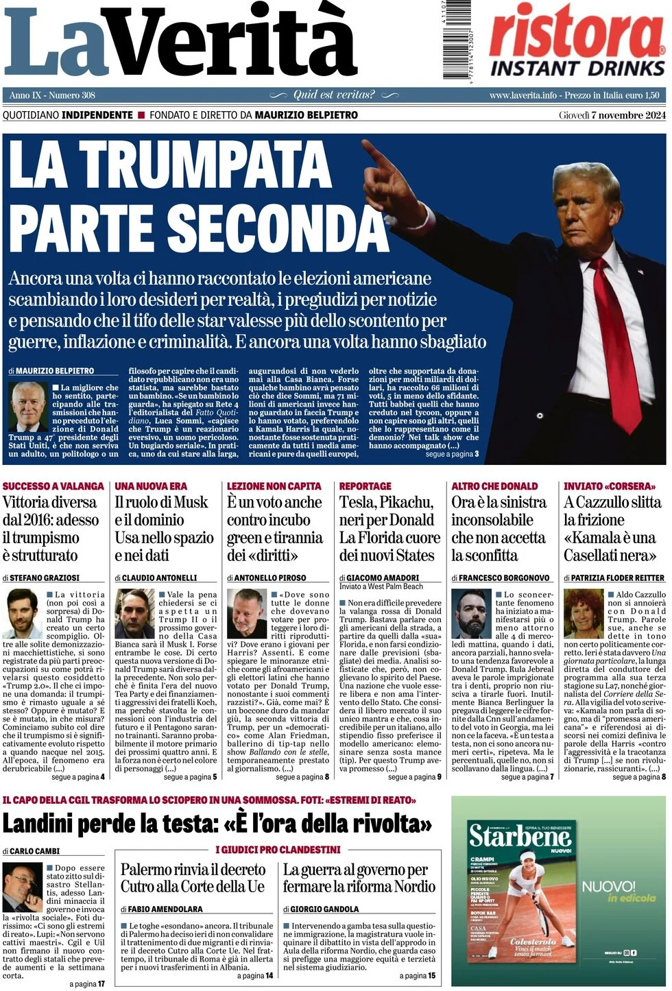 anteprima della prima pagina di la-verit del 07/11/2024