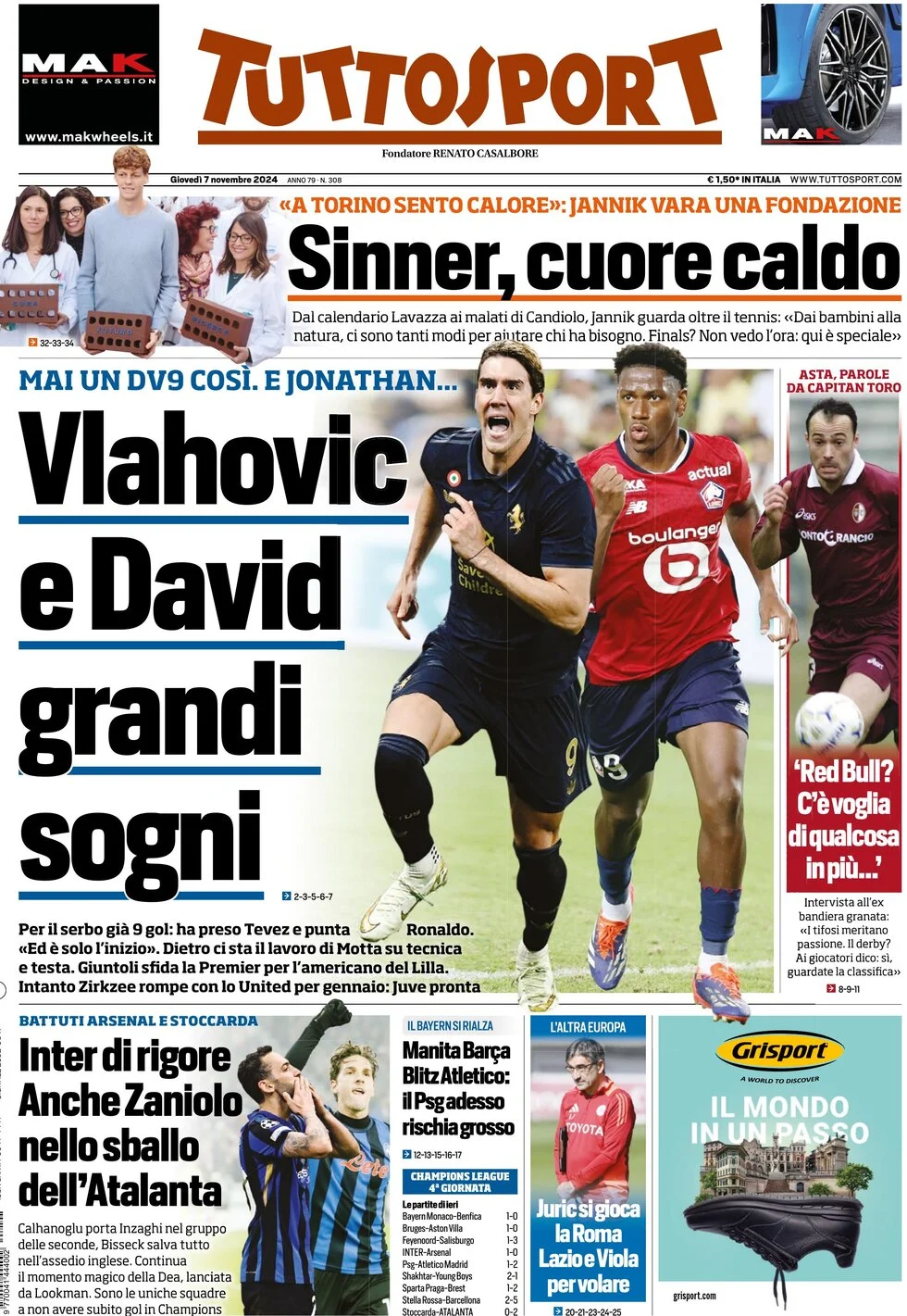 anteprima della prima pagina di tuttosport del 07/11/2024