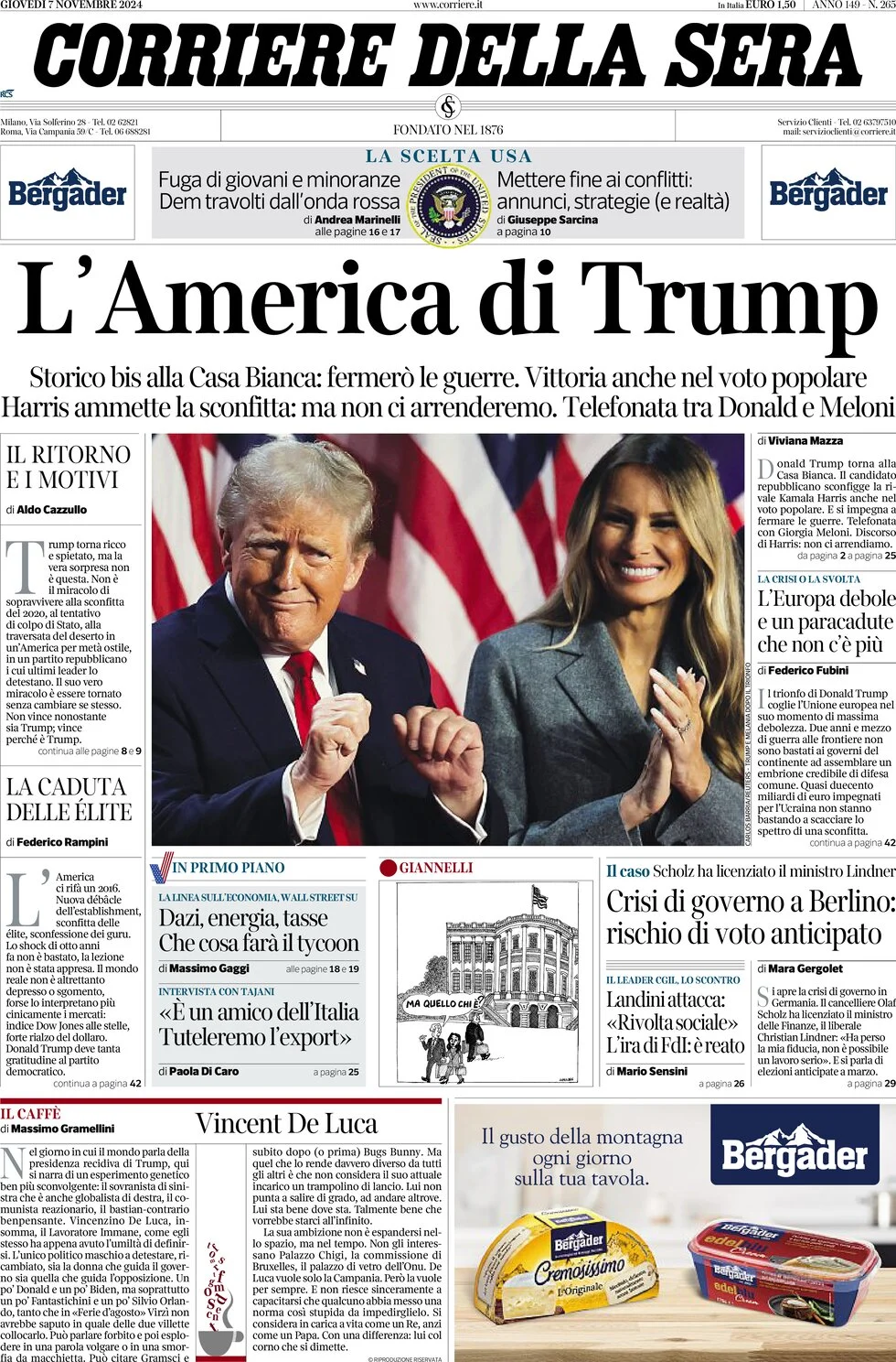 anteprima della prima pagina di corriere-della-sera del 07/11/2024