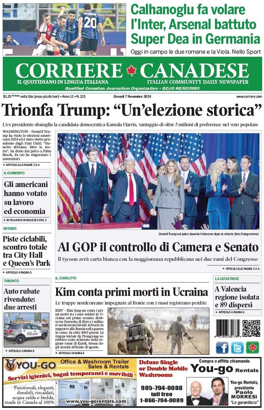 anteprima della prima pagina di corriere-canadese del 07/11/2024