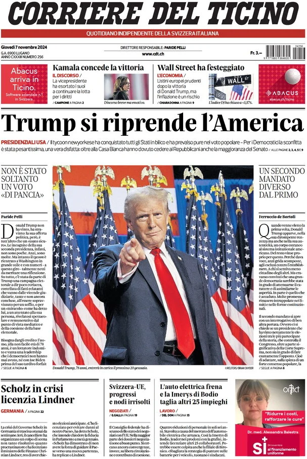 anteprima della prima pagina di corriere-del-ticino del 07/11/2024