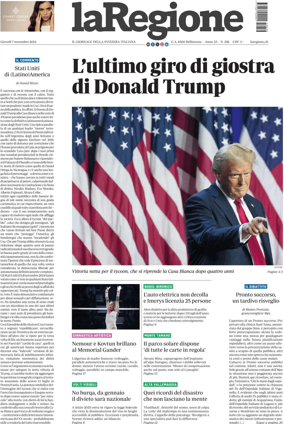 anteprima della prima pagina di la-regione del 07/11/2024