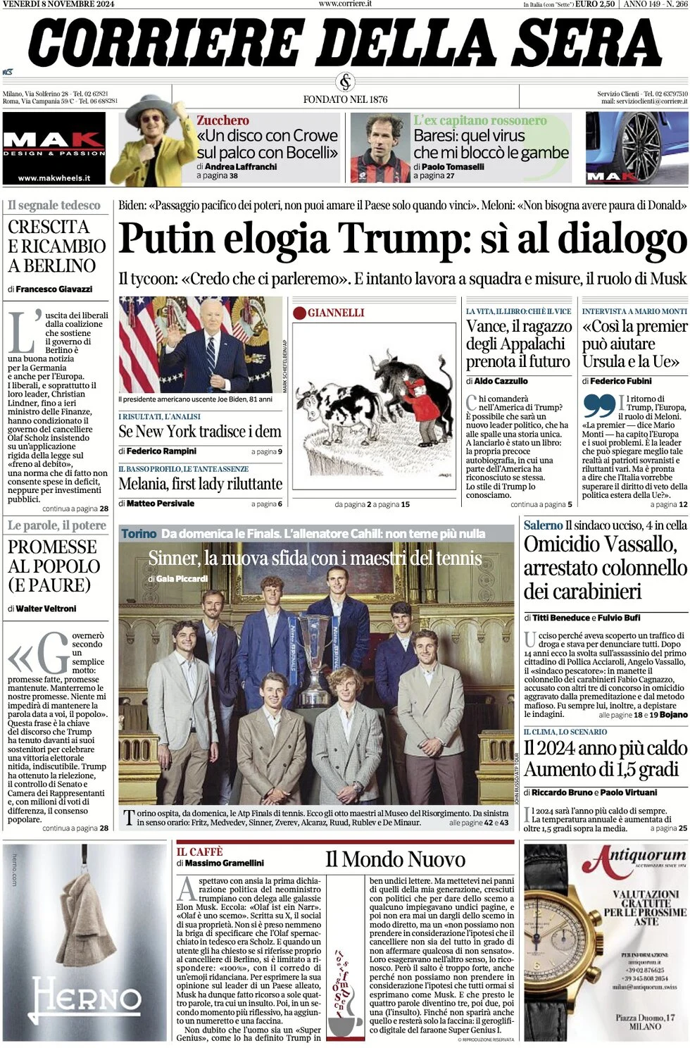 anteprima della prima pagina di corriere-della-sera del 08/11/2024