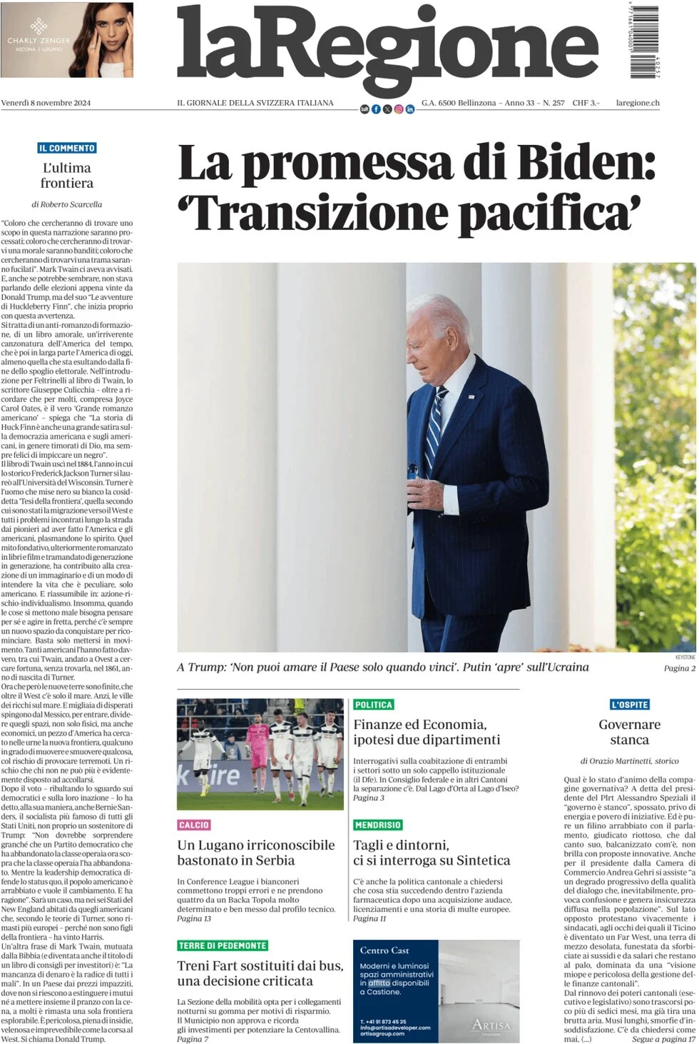 anteprima della prima pagina di la-regione del 08/11/2024