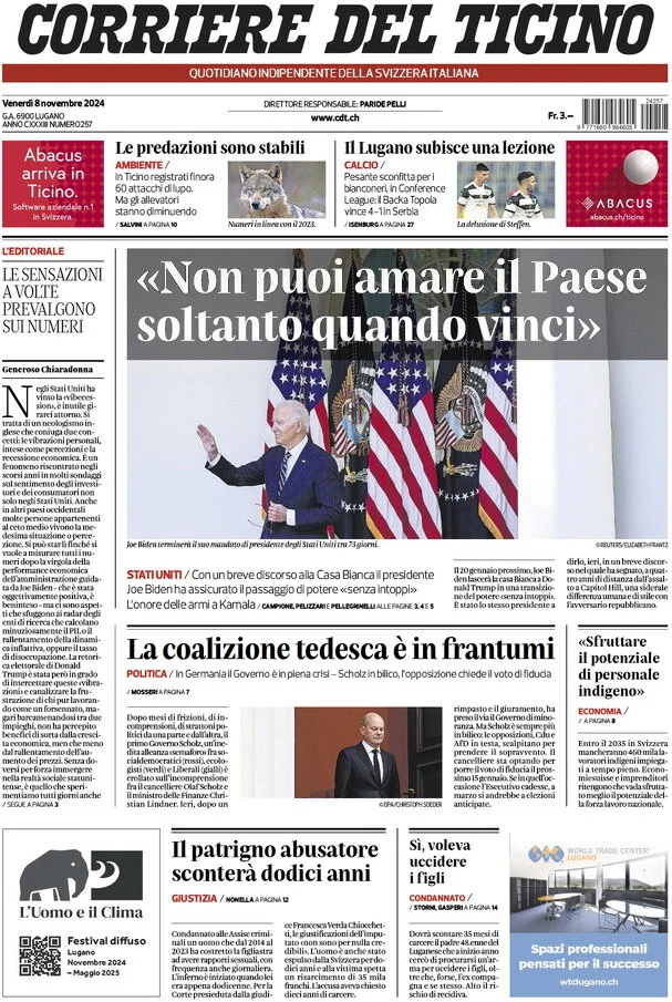 anteprima della prima pagina di corriere-del-ticino del 08/11/2024