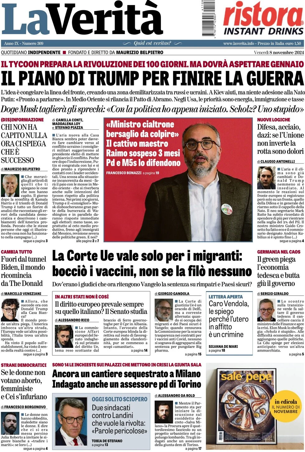 anteprima della prima pagina di la-verit del 08/11/2024