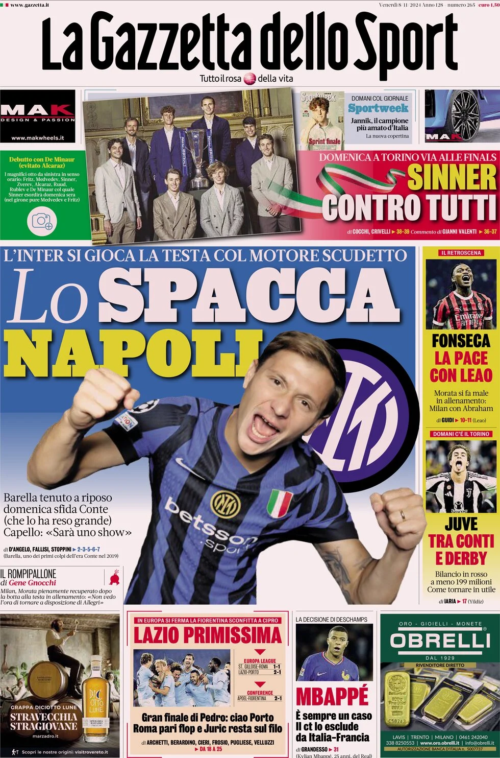 anteprima della prima pagina di la-gazzetta-dello-sport del 08/11/2024