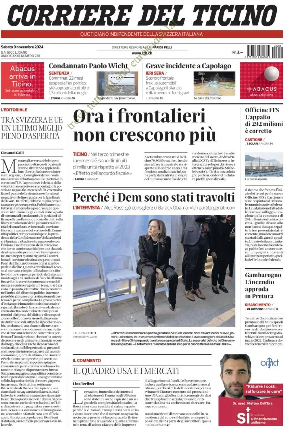 anteprima della prima pagina di corriere-del-ticino del 09/11/2024