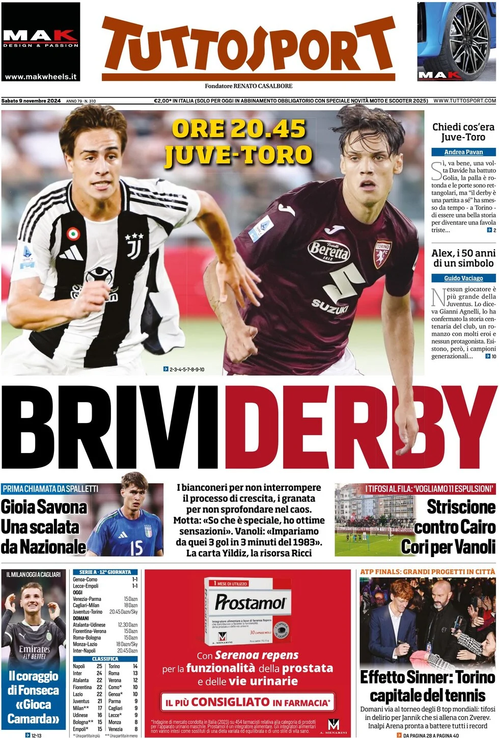 anteprima della prima pagina di tuttosport del 09/11/2024