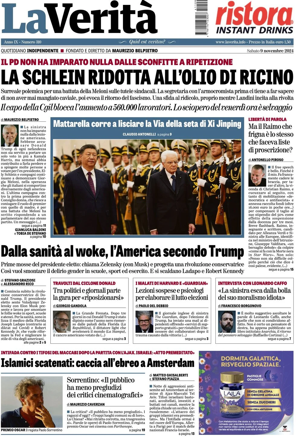 anteprima della prima pagina di la-verit del 09/11/2024