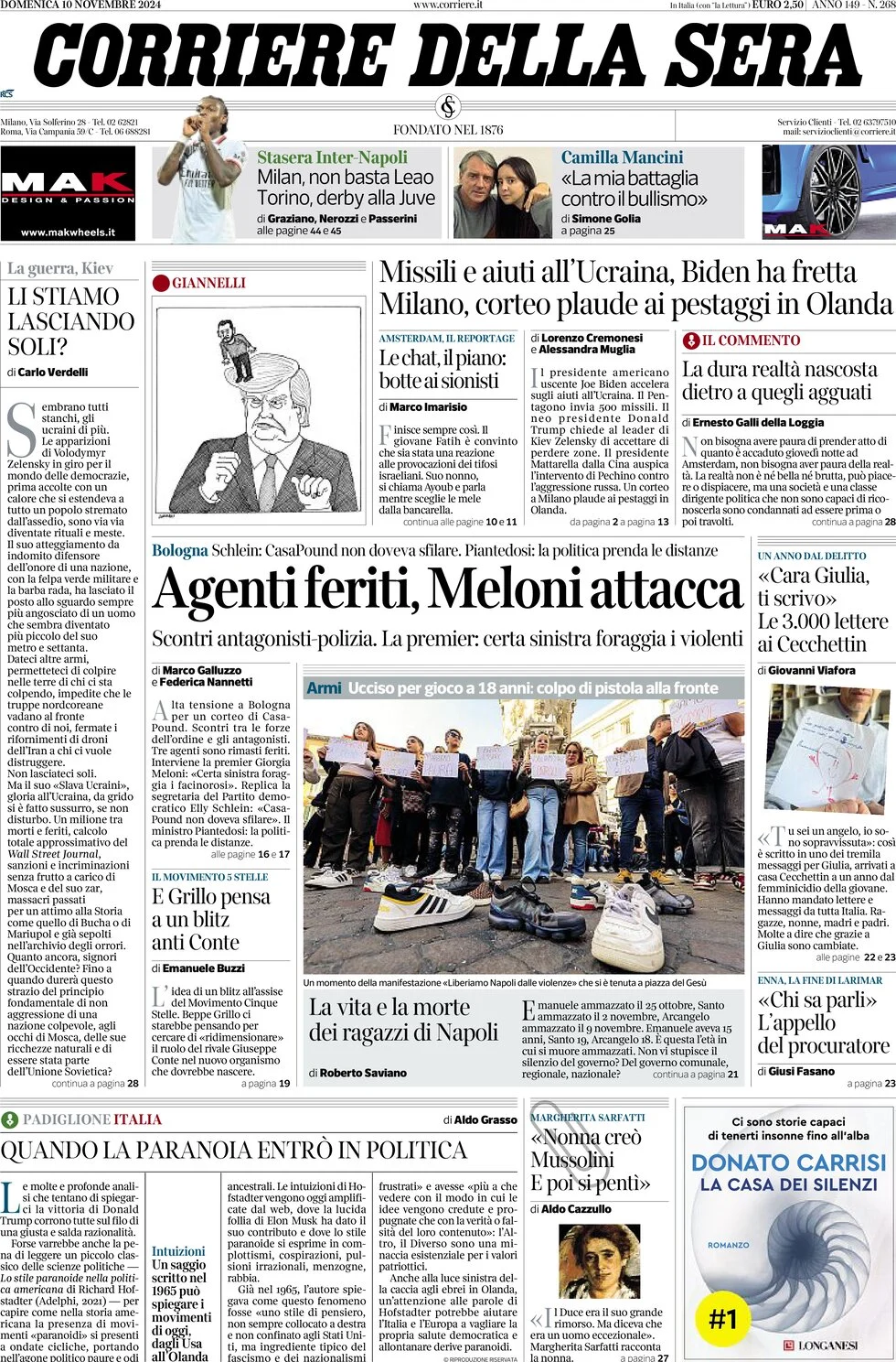 anteprima della prima pagina di corriere-della-sera del 10/11/2024