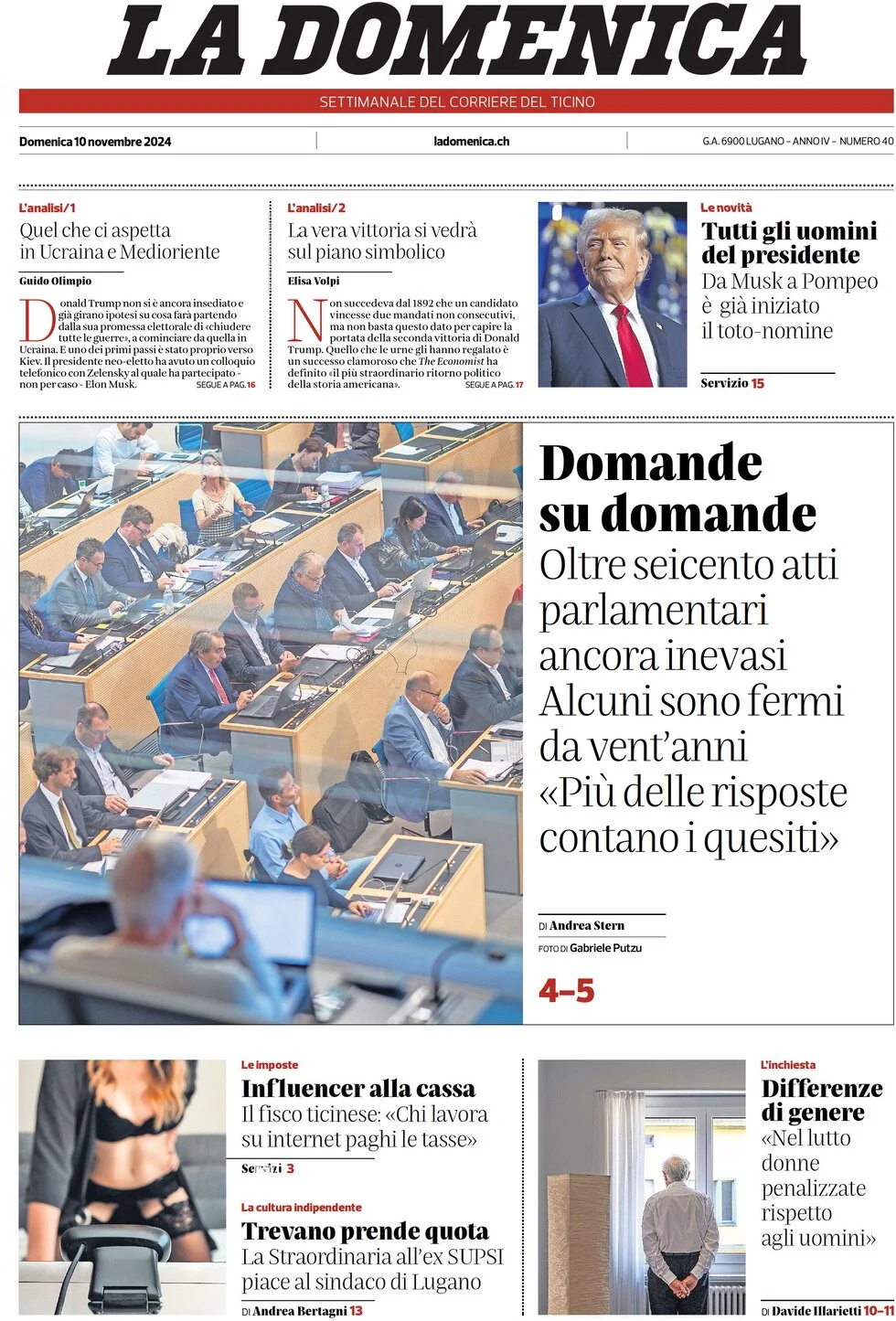 anteprima della prima pagina di corriere-del-ticino del 10/11/2024