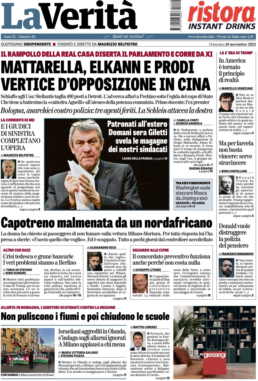 anteprima della prima pagina di la-verit del 10/11/2024