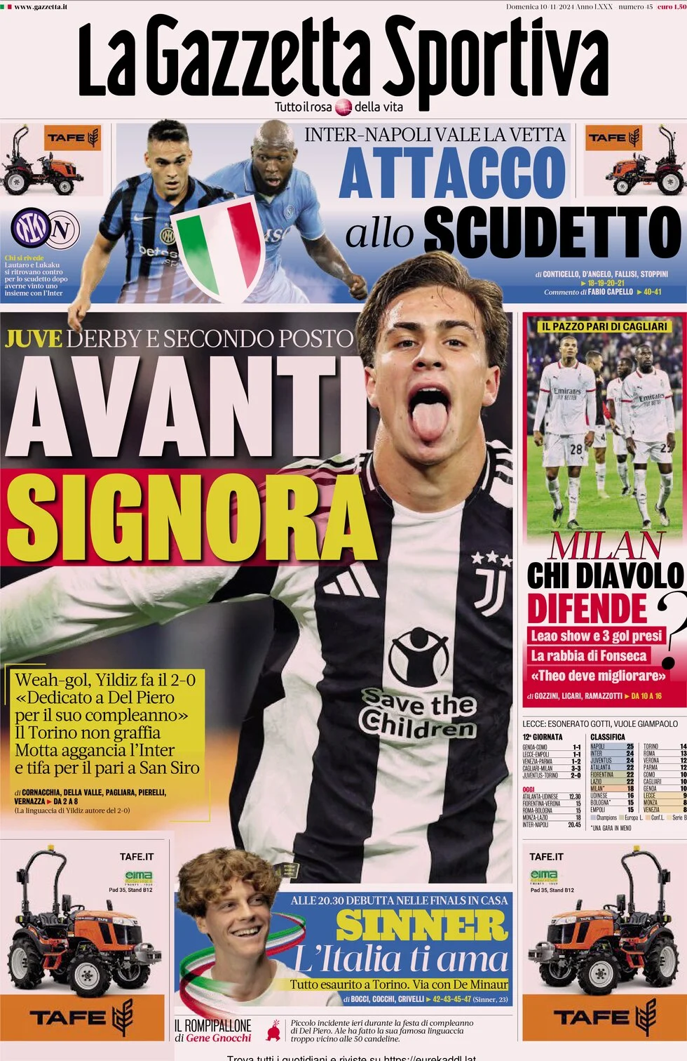 anteprima della prima pagina di la-gazzetta-dello-sport del 10/11/2024
